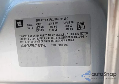 2012 Chevrolet Cruze Ls from USA, damaged, VIN 1G1PC5SH0C7368446